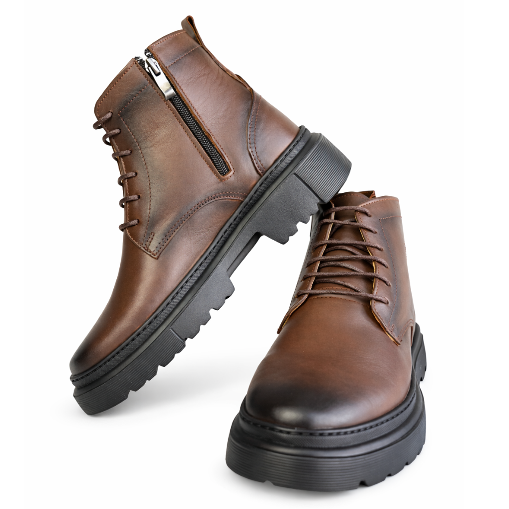 Bottines Homme en Cuir Marron avec Fermeture Éclair Latérale